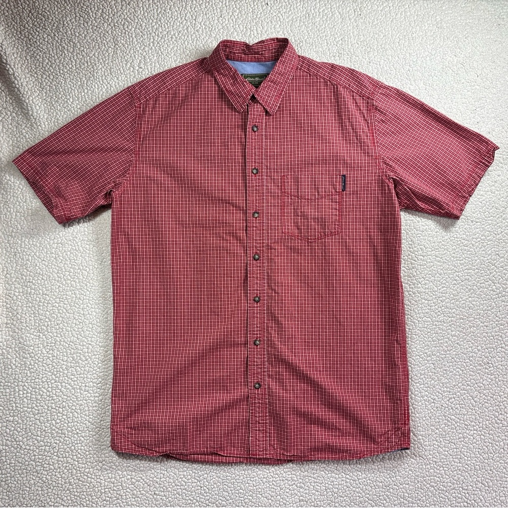 Vintage Eddie Bauer Red Plaid Short Sleeve Button Down Shirt Men’s Tall Large